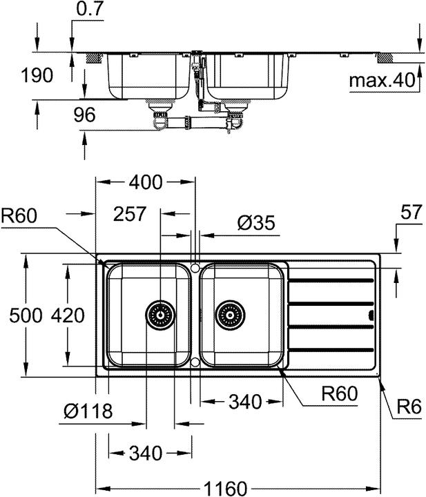 Produktbild Grohe K500 Edelstahlspüle mit Abtropffläche (Aufsatzspülbecken, 50 cm, 116 cm)