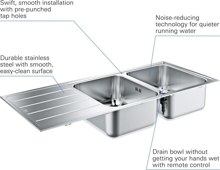Produktbild Grohe K500 Edelstahlspüle mit Abtropffläche (Aufsatzspülbecken, 50 cm, 116 cm)