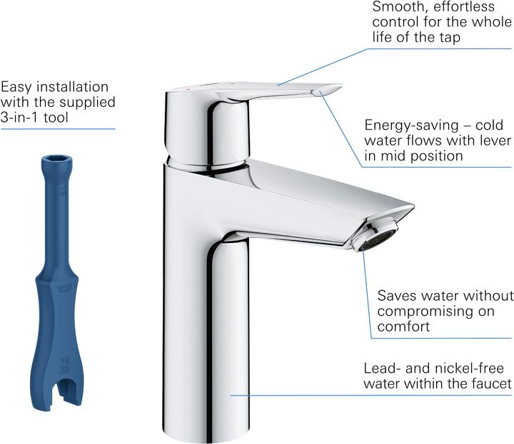 Produktbild Grohe Start QuickFix Lavaboarmatur, Mittelstellung kalt, Push-Open Ablauf, M-Size, Chrom
