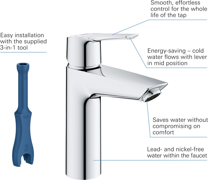 Actual product image Grohe Start QuickFix lavabo faucet, middle position cold, push-open drain, M-Size, chrome