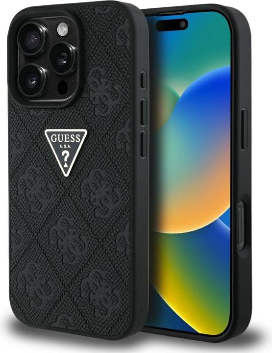Produktbild Guess Hardcase PU Grained Hot Stamp 4G Triangle Metal Case for iPhone 16 Pro 6,3" Black (Apple iPhone 16 Pro)