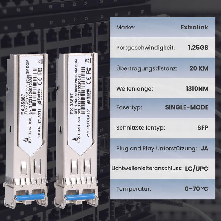 Actual product image Extralink SFP 1.25G 2-pack | SFP module | 1.25 Gbps, LC/UPC, 1310 nm, 20 km, singlemode, DOM