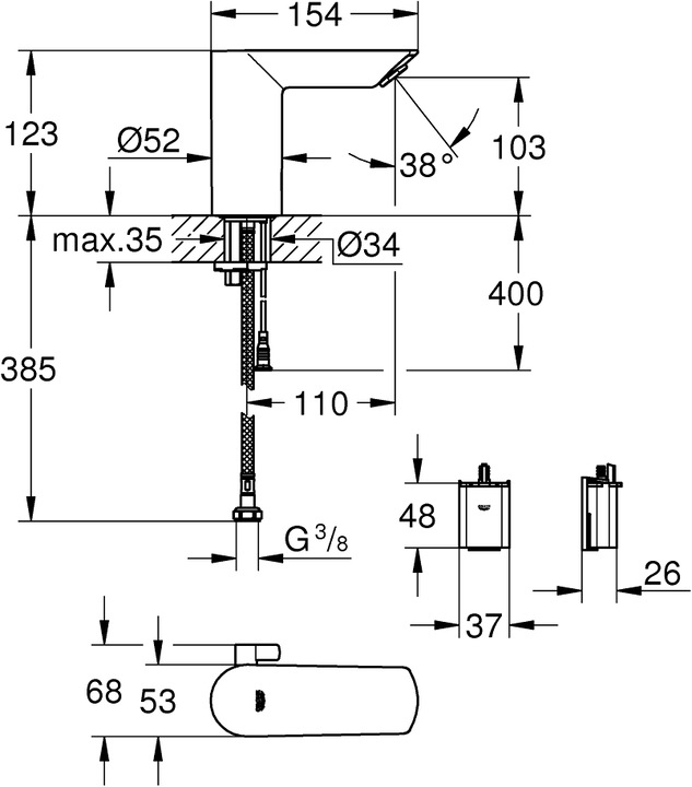 Actual product image Grohe Bau Cosmopolitan E infrared basin mixer with temperature control