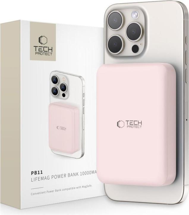 Actual product image Tech-Protect LifeMag PB11 Powerbank with MagSafe 10000mAh 15W USB-C port - pink + USB-C cable (10000 mAh, 15 W)