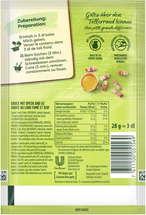 Valeurs nutritives et ingrédients Knorr Salsa per Pasta Sauce Carbonara, sauce au fromage avec des lardons épicés, pour spaghetti & pâtes