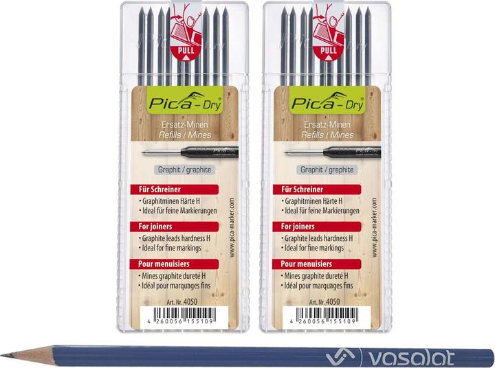 Produktbild Vasalat Pica Dry Minen Set - 20 Stück Ersatzminen graphit Härte H - ideal für Tischler (Schwarz, 20 Stk.)