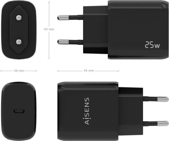 Produktbild Aisens CARGADOR USB-C PD3.0 1 PUERTO 1XUSB-C 25W NEGRO (25 W, 1 Port)