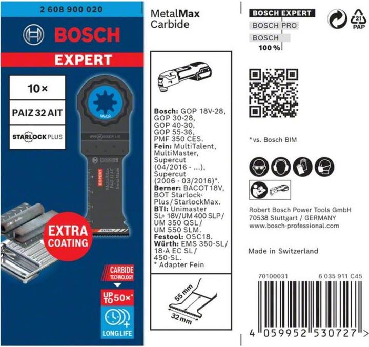 Image du produit Bosch Professional Zubehör EXPERT MetalMax PAIZ 32 AIT Feuille pour outils multifonctions, 50 x 32 mm, 10 pièces