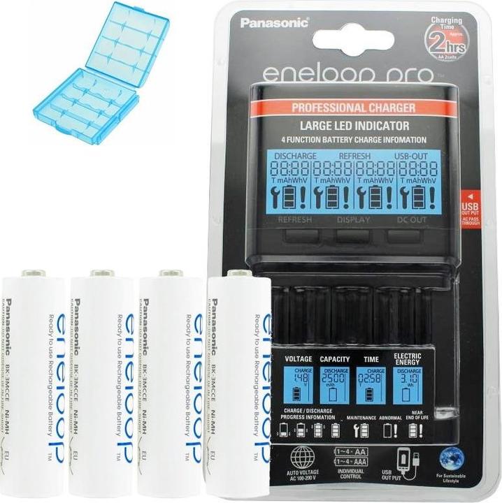Produktbild Panasonic Ladegerät Eneloop BQ-CC65 inkl. LCD-Display, 4 eneloop AA Mignon und AccuCell AkkuBox Blue (4 Stk., AA, Ladegerät inkl. Akku)
