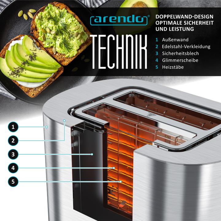 Produktbild Arendo Toaster Edelstahl 2 Scheiben Kurzschlitz, Touch Display, Restzeit & Bräunungsgradanzeige, 800 W