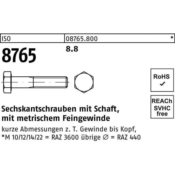 Schrauben, Sechskantschraube DIN 960 m.Schaft M 8 x1 x 35 8.8 (200 Schrauben pro Stück)