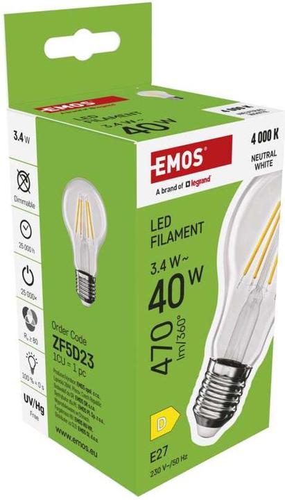 Produktbild Emos LED Lampe Filament A60 / E27 / 3,4 W (40 W) / 470 lm / Neutral Weiss (E27, 3.40 W, 470 lm, 1 x, D)