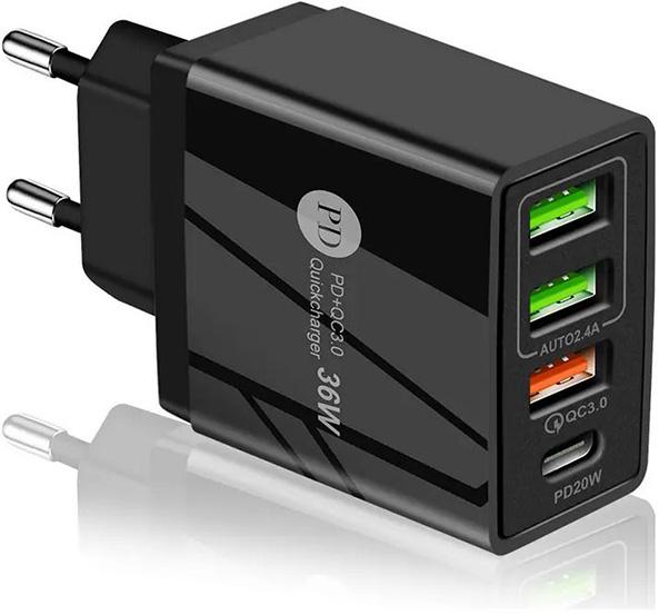 PhoneLook Chargeur secteur 36W PowerDelivery QC3.0 Adaptateur de charge rapide 3x USB-A + 1x USB-C (36 W, 4 ports)