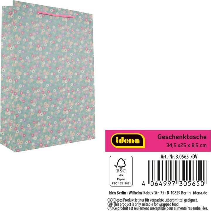 Produktbild Idena Geschenktasche Blumen Kraftpapier 140g/m² grün 25x34,5x8,5cm