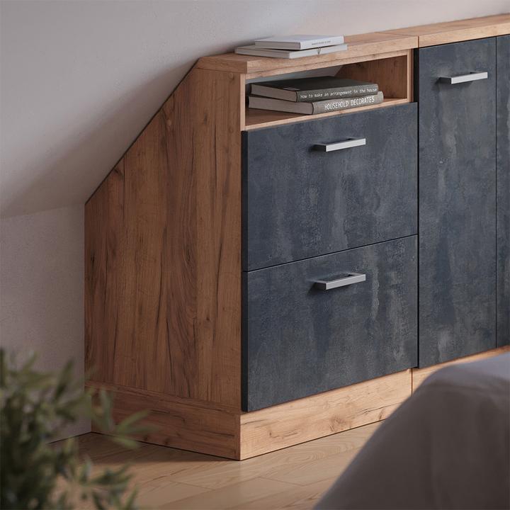 Produktbild Vichy Dachschrägenschrank Rion, Schwarz Beton/Goldkraft Eiche/Goldkraft Eiche, mit 2 Schubladen (46 x 60 x 81.60 cm)