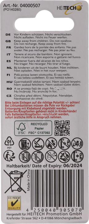 Produktbild Heitech CR2032 Lithium Batterie im praktischen 2er-Set, Lithium Knopfzelle CR2032, 3V (2 Stk., CR2032, 210 mAh)
