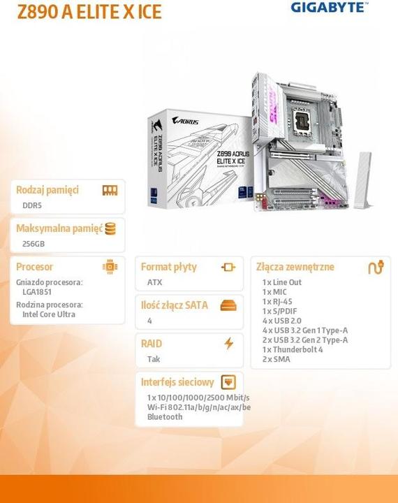Produktbild Gigabyte Z890 AORUS Elite X ICE (LGA 1851, Intel Z890, ATX)