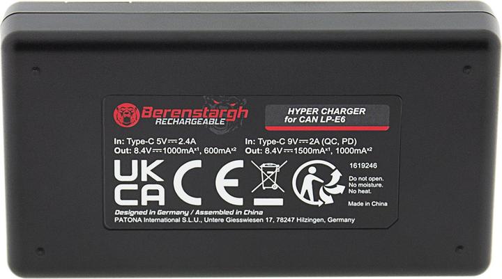 Productafbeelding Berenstargh Hyper PD Ladegerät Canon LP-E6 LPE6 EOS 60D EOS 70D EOS 5D 6D 7D inkl. USB-C Kabel (Lader zonder batterij)