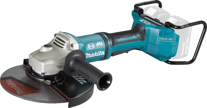 1x side handle, 1x protective cover, 1x Makita tool case, 1x Makita EZYNUT M14 quick-release nut, 1x wireless adapter WUT01, 1x Makita DGA 901 ZKU2 36 V cordless angle grinder 230 mm