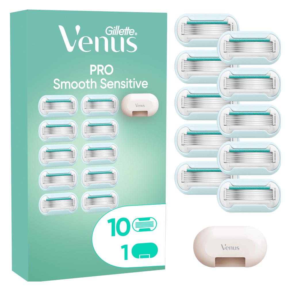 Gillette, Scheermesjes, Venus Pro Smooth Sensitive Systemklingen 10er+Reiseschutzkappe Rasierklingen (10 x)