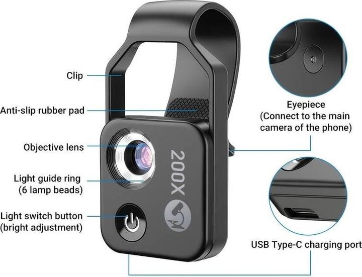 Actual product image PhoneLook Apexel APL-MS002 Clip zoom optique microscopique 200x universel avec lumière LED intégrée