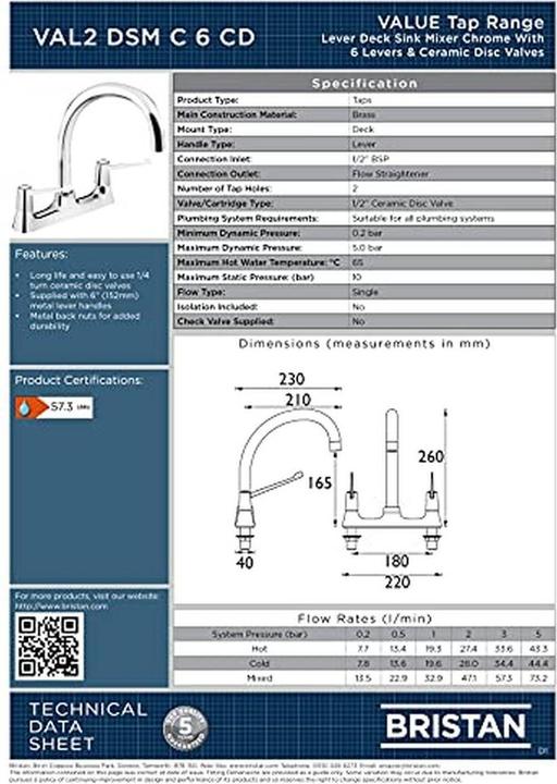 Image du produit Bristan Robinetterie de lavabo à cartouches céramiques avec garantie