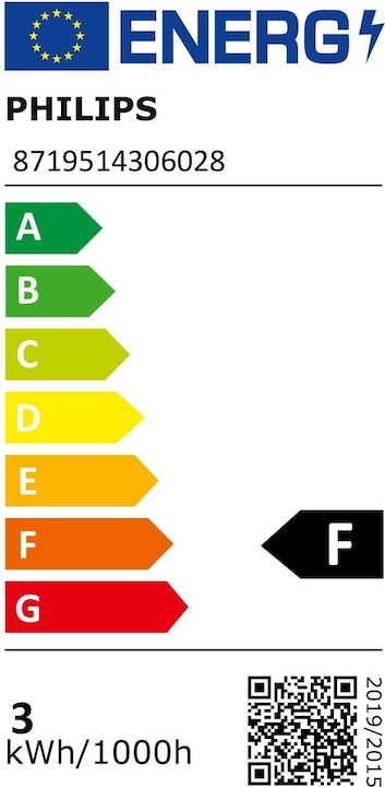 Etichetta energetica Philips Lampada MAS VLE LEDCandle DT 2.8-25W E14 B38 CL (E14, 2.80 W, 250 lm, 1 x, F)