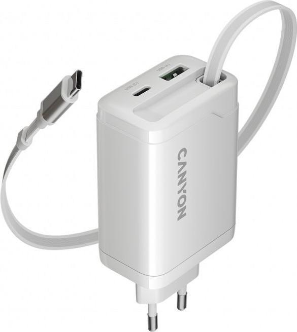 Actual product image Canyon Adapter charger OnCharge 65RC Build-In Cable USB-C 65W 1xPD 1xQC EU White (65 W, 2 ports)