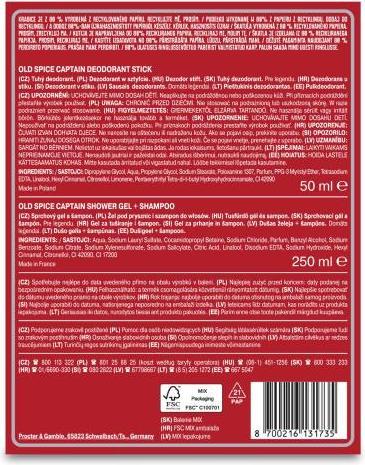 Nährwerte und Zutaten Old Spice Captain (Stick, 250 ml)