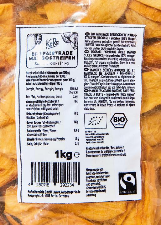 Valori nutrizionali e ingredienti KoRo Strisce di mango essiccato biologico del commercio equo e solidale (Brooks) (1000 g)