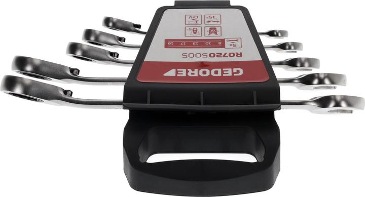 Actual product image Gedore Red Combination ratchet open-end wrench set reversible. metric 5 pieces (19 mm, 8 mm, 15 mm, 7 mm, 10 mm)