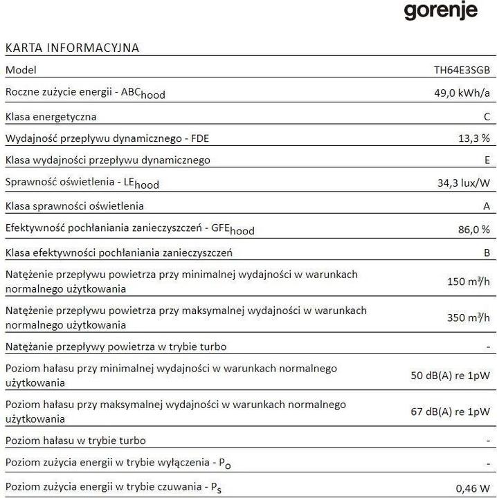 Nutritional values and ingredients Gorenje Hood TH64E3SGB (Substructure hood)