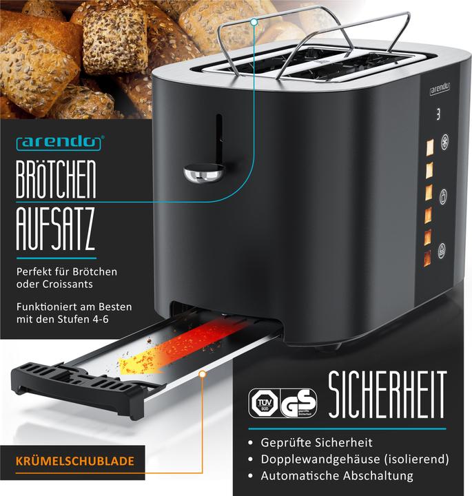Produktbild Arendo Toaster Edelstahl 2 Scheiben Kurzschlitz, Touch Display, Bräunungsgrad & Restzeitanzeige, 800 W