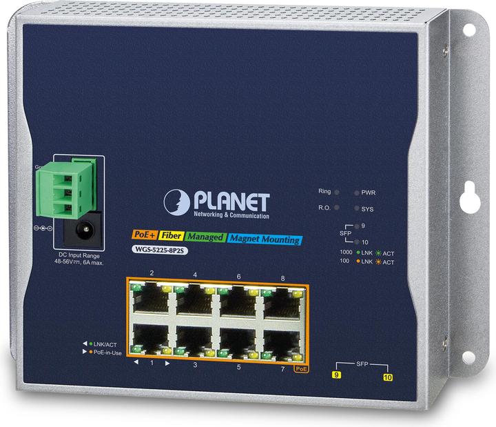 Produktbild Planet PLANETIndustrial 8-Port Gigabit PoE Wall-mount Switch & 2-Port SFP Uplink managed -40/+75C degrees (8 Ports)