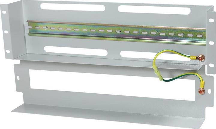 Actual product image Allnet 19" rack. Protective switch strip for top-hat rail/DIN rail devices, T61mm/3HE, light grey, front