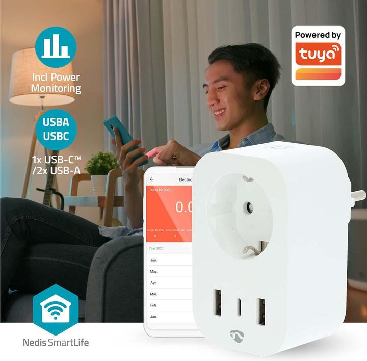 Immagine prodotto Nedis SmartLife Smart plug Wi-Fi | Misuratore di potenza | 3680 W | Tipo F (CEE 7/7) / 1x USB-C™ / 2x U