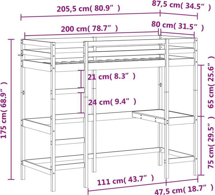 Valeurs nutritives et ingrédients vidaXL Lit superposé avec bureau (80 x 200 cm)