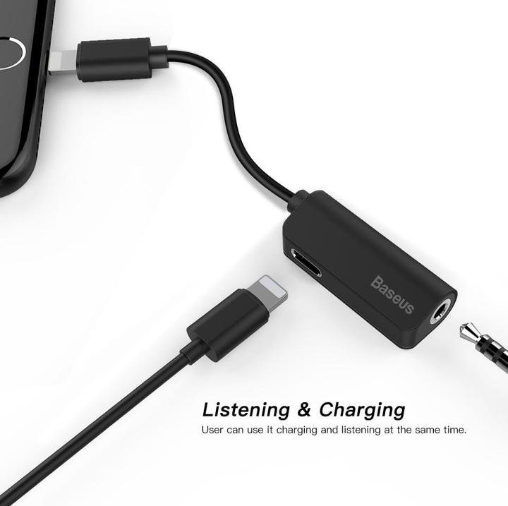 Actual product image Baseus L32 IP Male to 3.5mm+IP Female Adapter Black (3.5mm jack, Lightning)