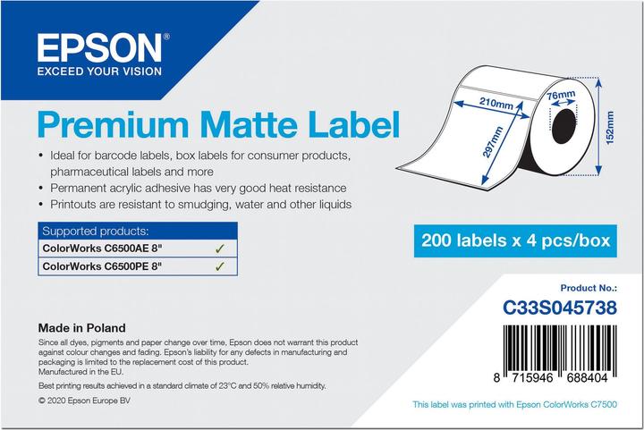 Epson Premium Matte Label - Die Cut Roll: 210mm x 297mm, 200 labels (21 cm)