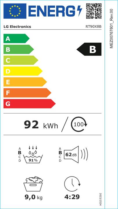 Label énergétique LG RT90X8B Wärmepumpentrockner 9 kg Wäschetrockner (9 kg, Gauche, Modifiable)