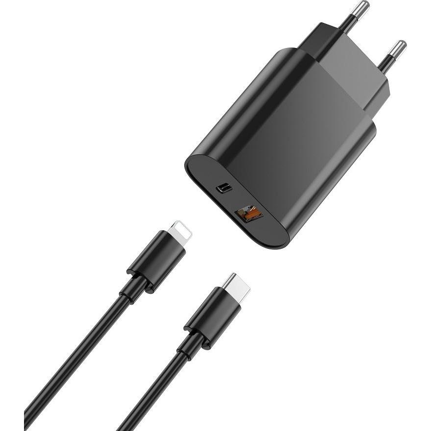 Thumbnail - Wiwu Wandladegerät Wi-U002 PD + QC 20W 1x USB 1x USB-C schwarz + Kabel USB-C - Lightning (20 W), USB Ladegerät, Schwarz