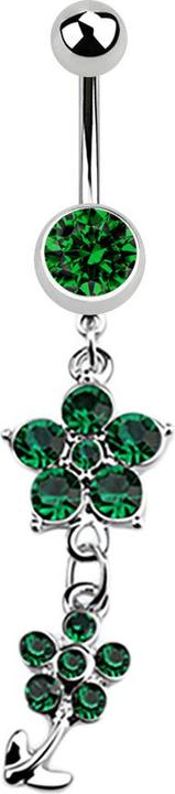 Image du produit Star Piercing Banane argent avec pendentif deux fleurs de cristal vert (Acier chirurgical 316L, sans laiton)