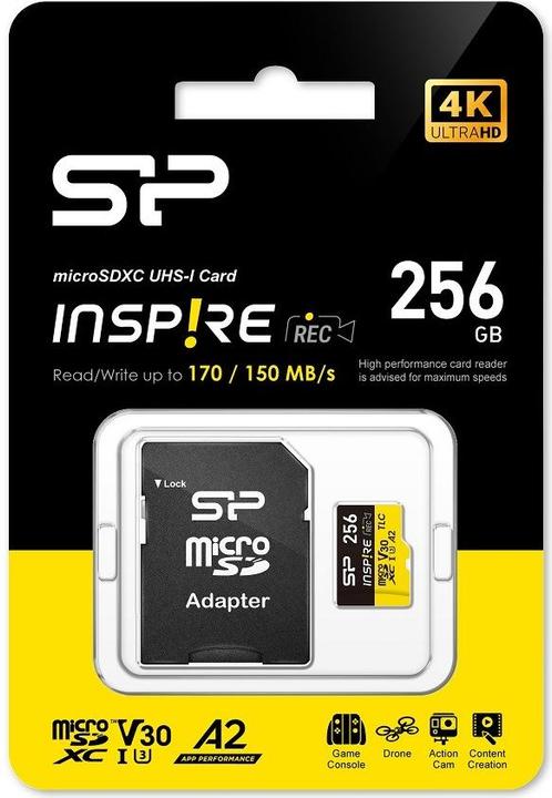Produktbild Silicon Power Speicherkarten Inspire 256GB, DDR200, W/A, CL10, V30, A2, TF SDXC UHS-IU3 (256 GB, microSDXC, U3, UHS-I)