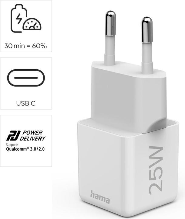 Image du produit Hama Chargeur rapide, USB-C, PD/Qualcomm®, Super-Mini-Charger, 25 W, blanc (25 W, 1 portion)