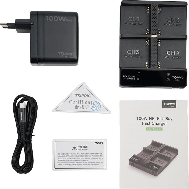 Immagine prodotto Accsoon Toprig 100W 4-Bay NP-F Fast Charger with EU GaN Charger (BC01EU3) (Caricabatterie per fotocamere)