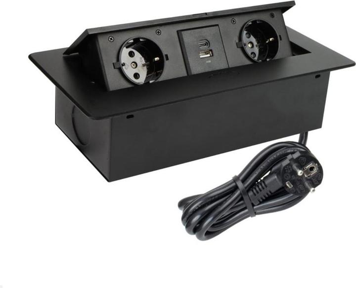 TecLines TES009B 2-fach Einbausteckdose mit 2x USB-A, 3m Kabel, schwarz (2 x, CEE 7/3, 3 m)