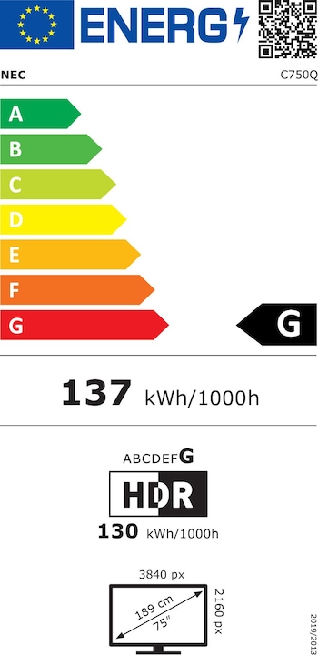 Energie-Label NEC MultiSync C750Q large format monitor 75 inch IPS UHD 24/7 350cd (3840 x 2160 Pixel, 75")