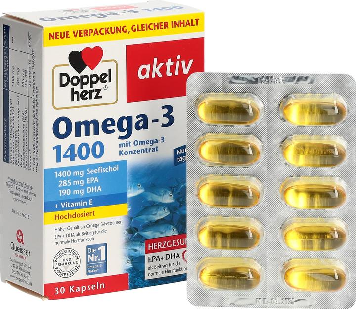 Produktbild Doppelherz Omega-3 1400 Hochdosiertes Omega-3-Konzentrat mit Vitamin E 30 Kapseln (30 Stk., Kapseln, 59.20 g)