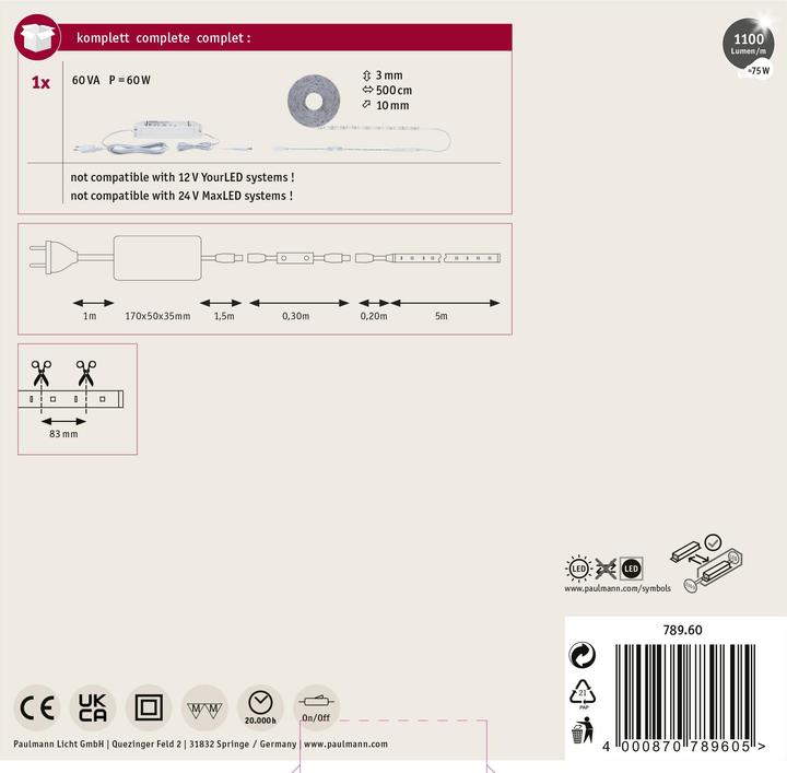 Image du produit Paulmann Bande LED Puissance simplifiée (Blanc neutre, 500 cm, Intérieur)