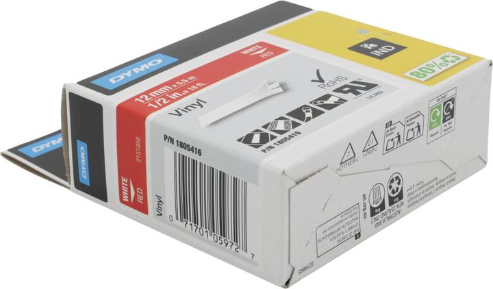 Produktbild Dymo Rhino 12mm weiß auf rot Vinyl (1.20 cm, Rot)